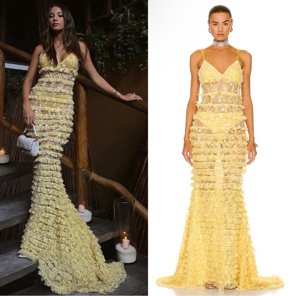 RETROFETE Delphi Sequin Embellished Lace Sheer Tiered Ruffle Maxi Dress Size XS